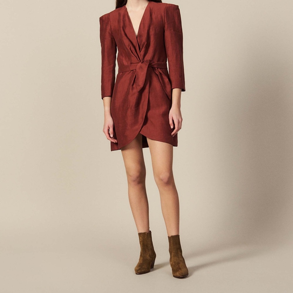 NWOT SANDRO Front Tie Mini Wrap Rust Red Dress Sz 6